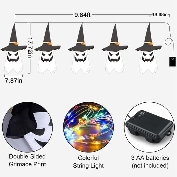 Halloween Outdoor Decorations, Hanging Luminous Ghost Witch Hat with String Lights, Spooky Halloween Tree Decorations, CJY