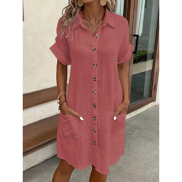Casual skjortekjole til kvinder med knapper, korte ærmer, ensfarvet, revers, knælang, vintage stil, minimalistisk kjole | Blank tekstur The color of rouge M