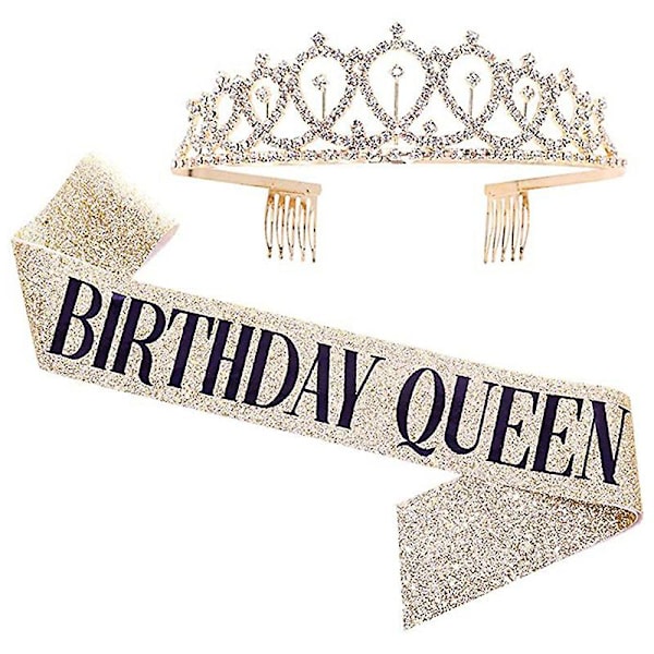 1 setti Bling Strassikruunu Tiara Vyö Syntymäpäiväjuhlien Koristelutarvikkeet Gold BIRTHDAY QUEEN