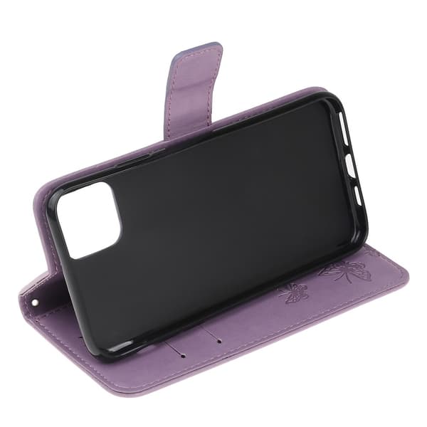 Lærveske med sommerfuglmønster til iPhone 11 - Lilla