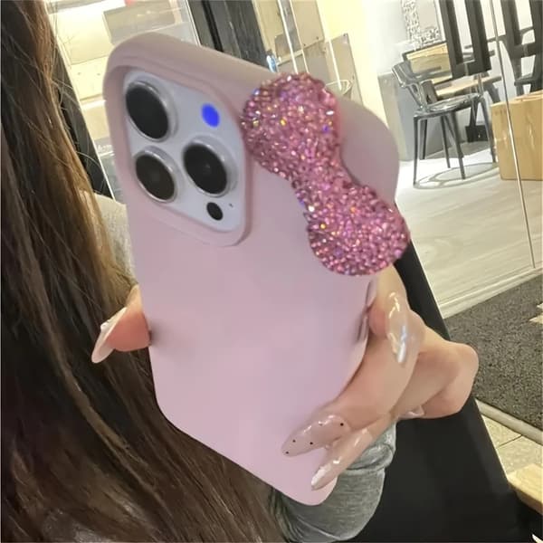 Pink Rhinestone Sløjfe Lychee Mønster Telefoncover, Flere iPhones language IPhone 14 Pro Max