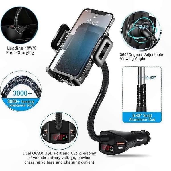3-i-1 biltilbehør: Telefonholder, dobbel USB-portlader, spenningsmonitor