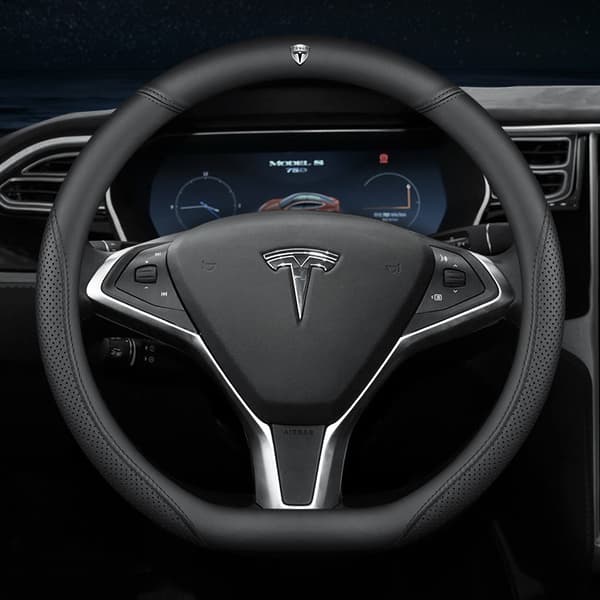 Passer til Tesla Model 3/Y/Model X/S ratdæksel - Tesla speciel D-formet (sort linje) med logo - 36cm/1-pak