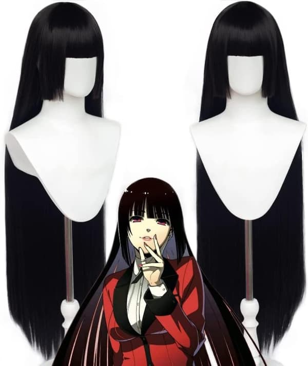Lång rak svart anime cosplay kostym peruk perukmössa ingår