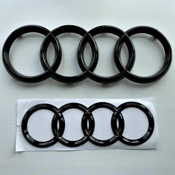 AUDI GLANS SVART MÄRKESEMBLEM RINGAR FRAM & BAK A1 A3 A4 A5 273MM 192MM - Perfekt