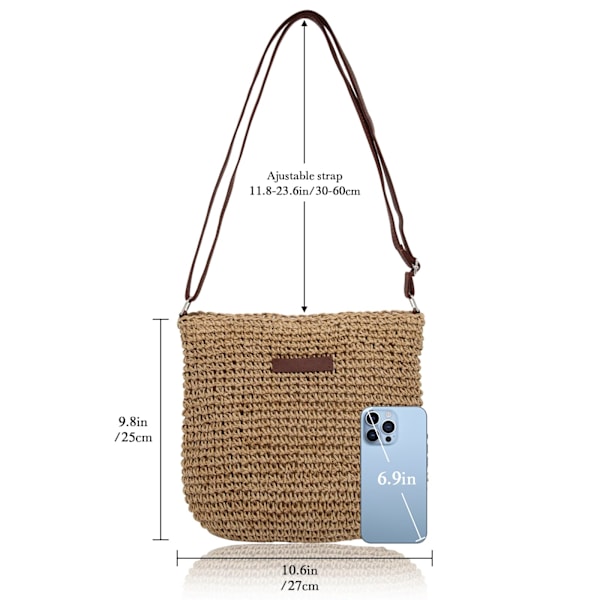 Halmväska för Kvinnor, Liten Crossbody-väska för Sommarstrand med Dragkedja och Justerbar Axelrem, Boho Vävd Handgjord Axelväska (Khaki) Khaki