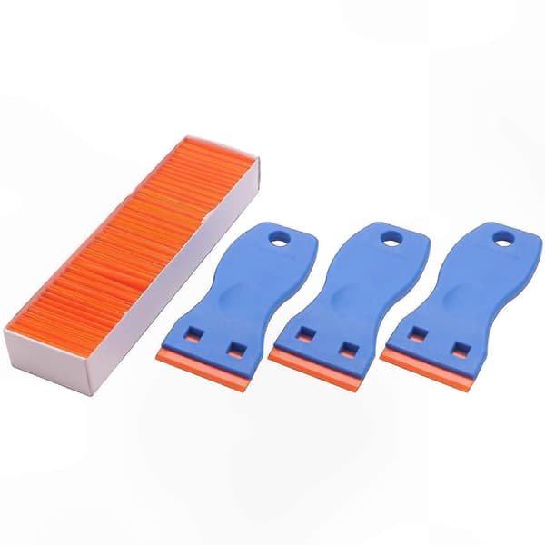 3-pakning plastskraper med 100 erstatningsblader, 1,5 tommer dobbeltsidig for bilfrontrutebruk Blue  Orange