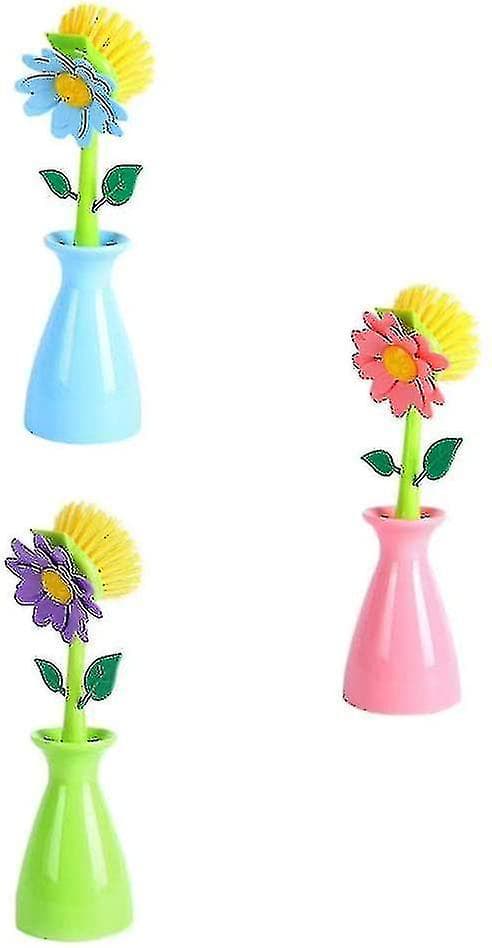 3-pack Kitchen Brushes, Cute Flower-shaped Dish Brushes with Long Handle, Blue+Green+Pink [YJD]CJY