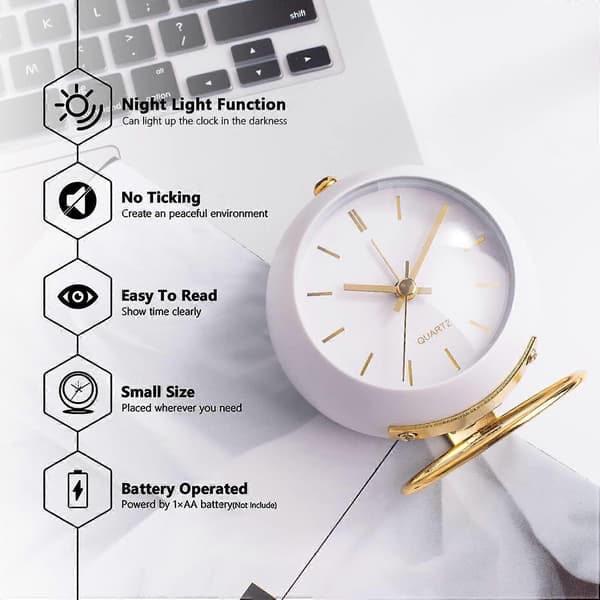 Battery-powered Desk Alarm Clocks with Light, Retro Silent Analog Small Clock No Ticking, Loud Desk Clock, WhiteCJY
