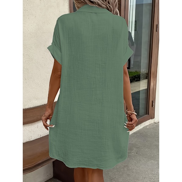 Casual skjortekjole til kvinder med knapper, korte ærmer, ensfarvet, revers, knælang, vintage stil, minimalistisk kjole | Blank tekstur Army Green S