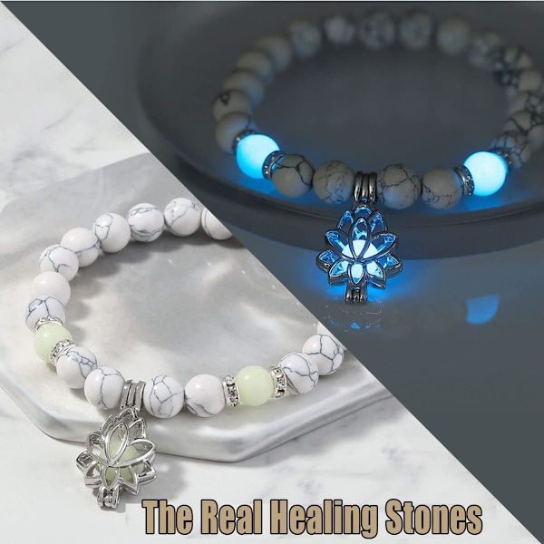 Armband mot ångest och stress, självlysande lotus yoga helande stenarmband, självlysande månskärsformad lotusblomma berlockarmband