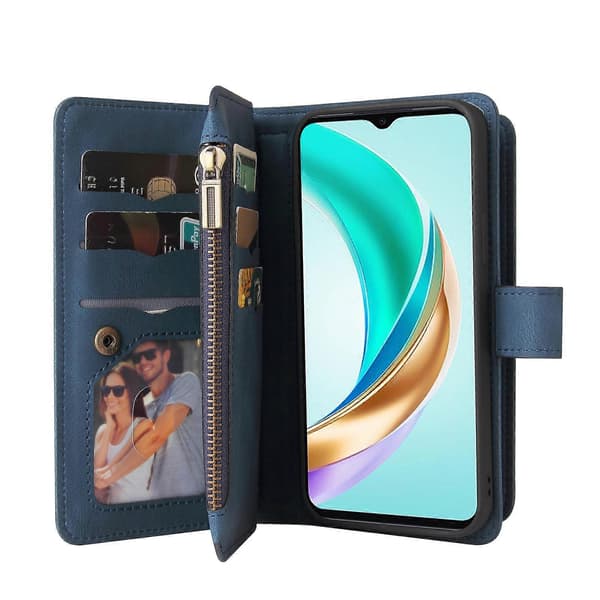 【BQ】Hudkänsla Multi Kortplatser Dragkedja Plånbok Läder Telefonfodral Blå Blå Blue For Honor 200 Pro