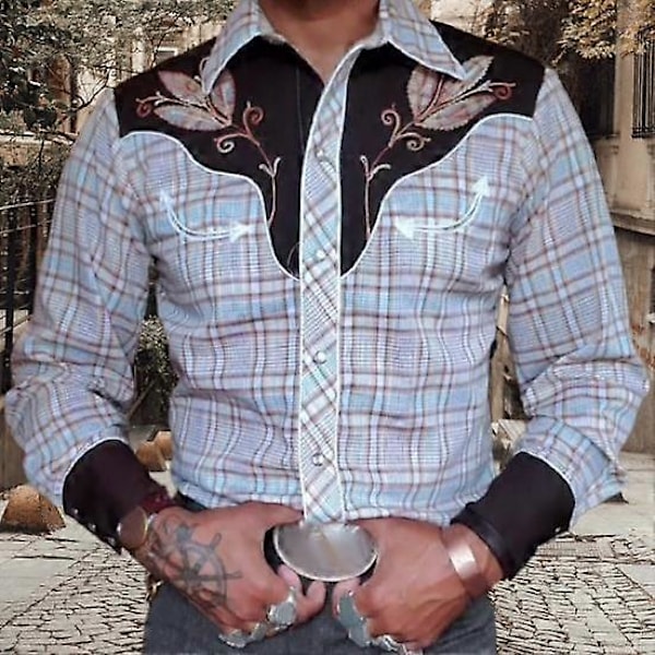 Miesten paita Vintage Western Cowboy -kuvioinen yksirivinen Slim Fit pitkähihainen alaslaskettava kaulus napit LGL sininen blue L