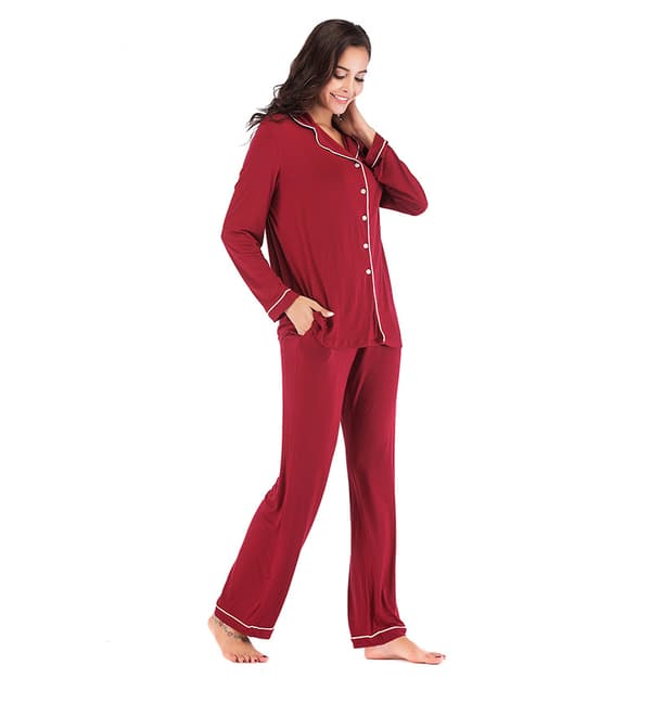 Pyjamasset för damer med långa ärmar, knäppning fram, bomulls nattkläder röd Red 2XL