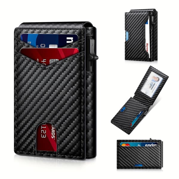 Men's Pure Carbon Fiber Texture Wallet, RFID Blocking Pop-Up Card Holder, Slim Foldable Wallet with Magnetic Closure, Compact Lightweight light brown