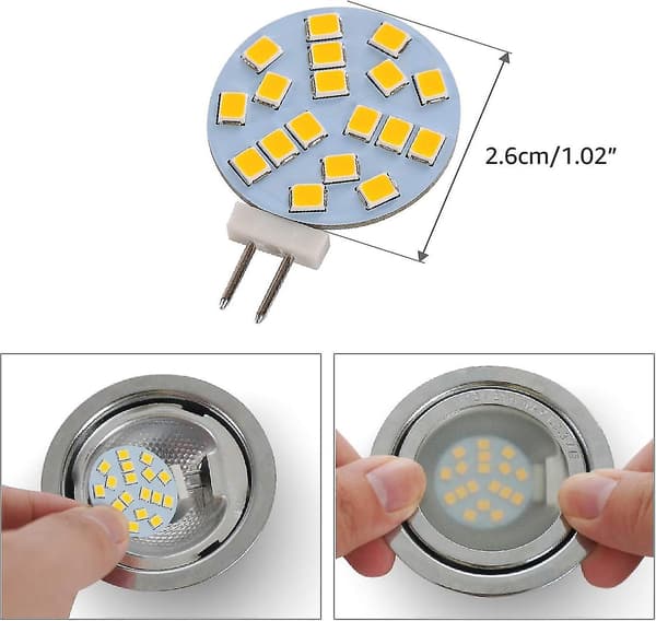 Varmhvite G4 runde LED-lamper, 2W erstatter 20W base halogenpære, 12V AC/10-30V DC, G4 lyskilde for innfelt underskapsbelysning, 6 stk