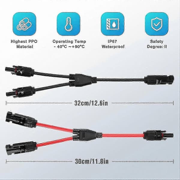 Y-gren solcellskabelanslutningar, 1 till 2 splitteradapter för solpaneler, MMF + FFM-par med professionell kvalitet för solcellskablar