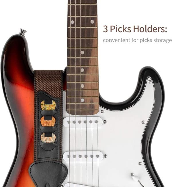 Gitarrband, 100% mjukt bomullsband med 3 plektrumklämmor, kompatibelt med bas, elgitarr och akustisk gitarr (brun) Brown