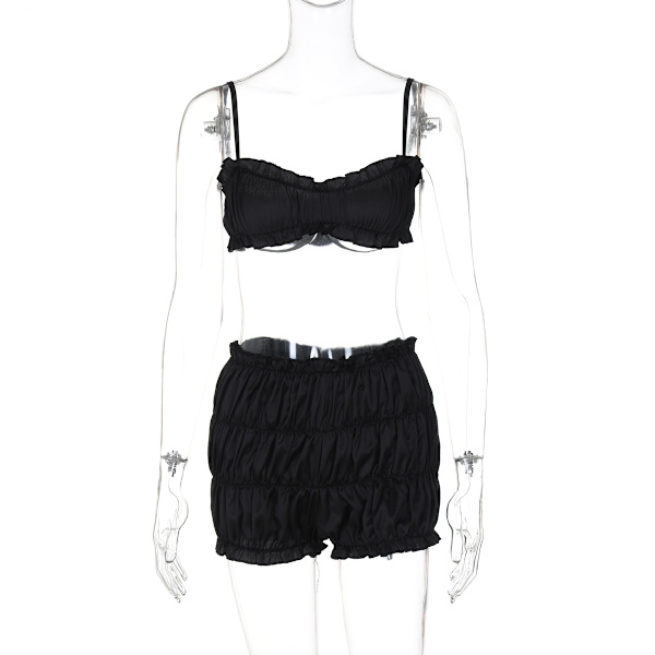 Heta säljande kvinnors nya mode sexig hängsle tubtopp slim fit plisserade shorts kostym black M