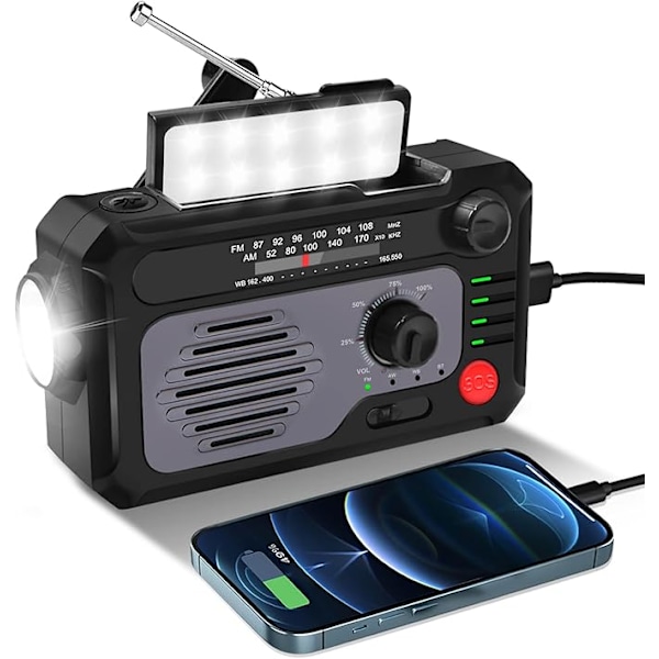Solcellsdriven Nödradio med Handvev – AM/FM/BT Portabel Radio med 5000mAh Powerbank, SOS-Alarm & Ficklampa för Inom- och Utomhusbruk