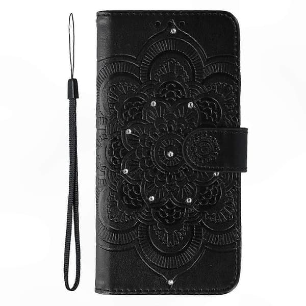 Mandala Design Rhinestone-udsmykket PU-læder telefoncover med håndledsrem til Honor X5c Plus, sort