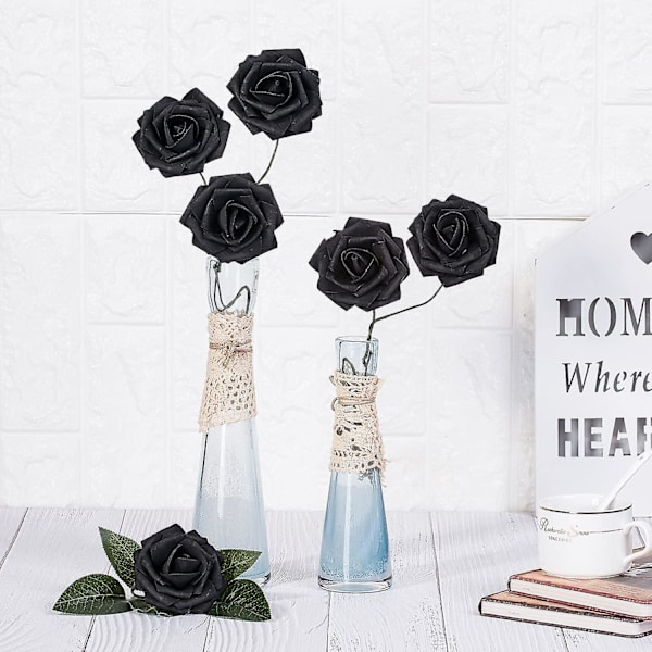 60 stk. Svarte Roser Kunstige Blomster, Livaktige Svarte Blomster Skum Fake Roser (FMY)
