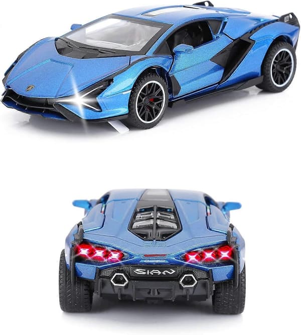 Legetøjsbiler Lambo Sian FKP3 Metal Modelbil med Lys og Lyd Træk Tilbage Legetøjsbil til Drenge Alder 3+ År (Blå)