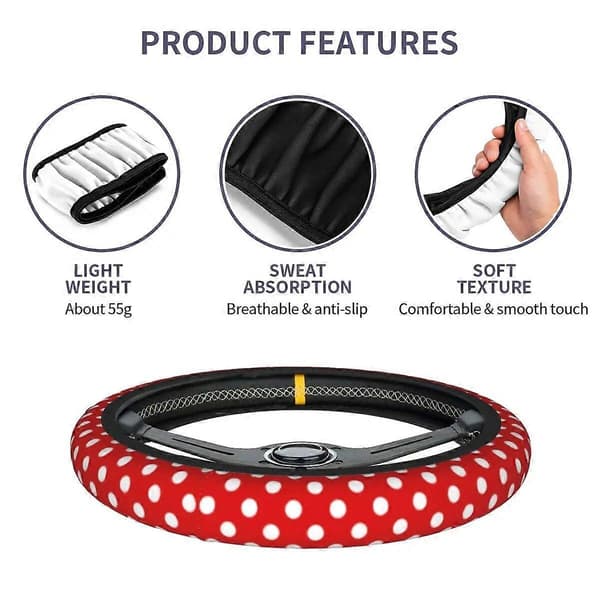 Rött prickigt bilrattöverdrag 38 cm söt bilrattsskydd elastisk bilstyling interiörtillbehör black