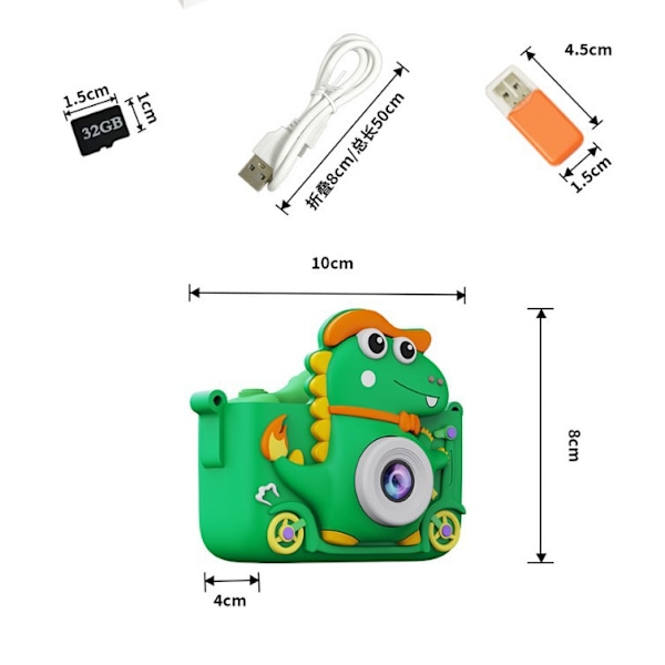 Dinosaur Kamera, Barnekamera med 2 Tommers Skjerm, 1080P, 32 GB Barne-Selfiekamera, Kan Brukes Som Gave og Leke (Grønn)