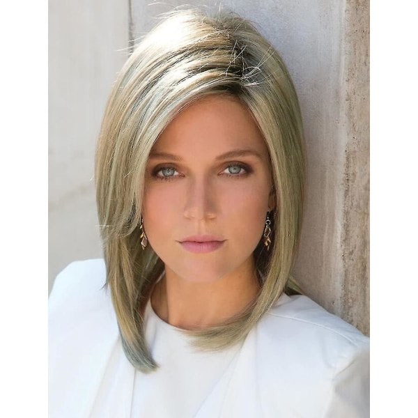 Ombre blond bob parykk for hvite kvinner, medium blondt rett hår, mørk rot parykk, syntetiske dameparykker