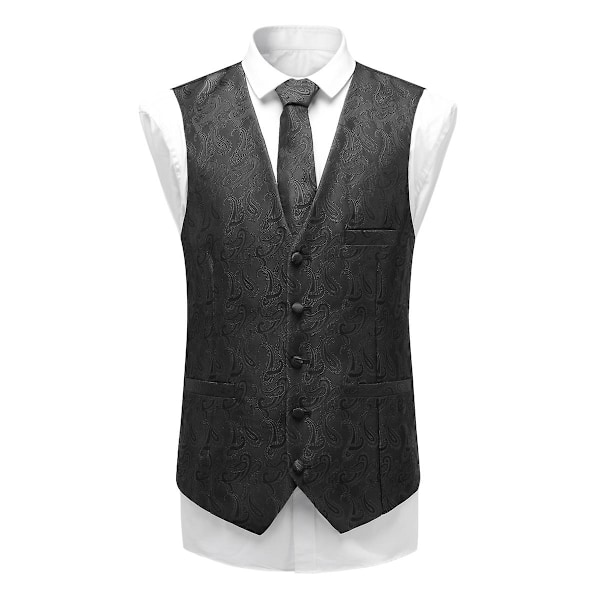 Sliktaa Herr V-ringad Jacquard Väst Tredelat Set (Väst + Slips + Bröstnäsduk) Black XS