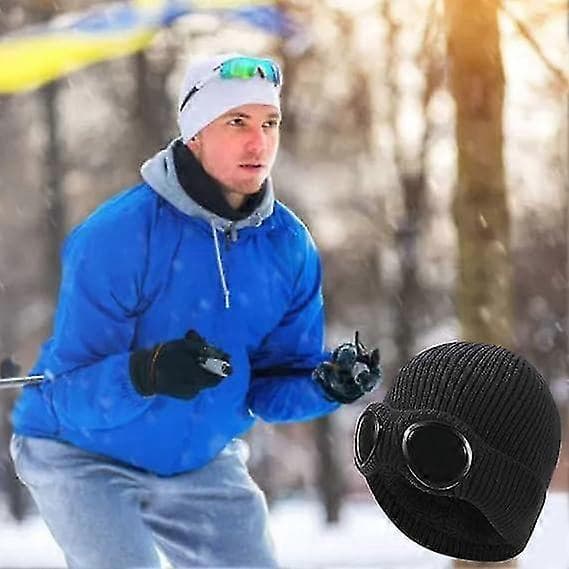 Stickad mössa, Unisex Goggle Mössa Stickad Vinter Tjock Mössa, Svart