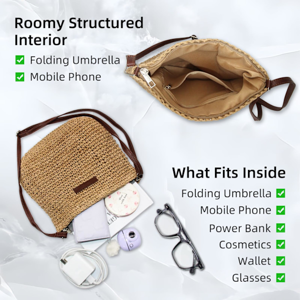 Halmväska för Kvinnor, Liten Crossbody-väska för Sommarstrand med Dragkedja och Justerbar Axelrem, Boho Vävd Handgjord Axelväska (Khaki) Khaki