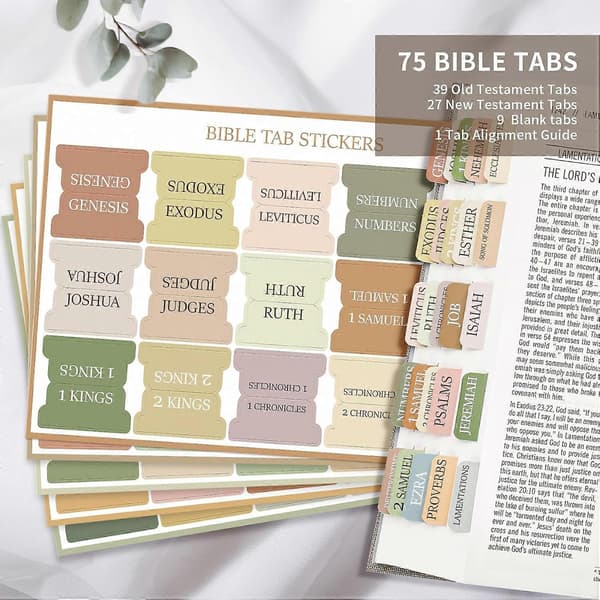 Bibelfaner, laminerede bibelfaner til studiebibel, store neutrale bibelfaner til nem navigation, boho-tema, bibelindeksfaner 1Set - 75Pcs