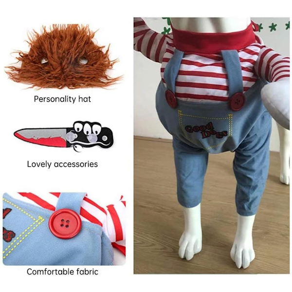 Dödsdocka-kostym för hundar, läskig Halloween-cosplay, Chucky-docka-kostym för hundar, med hatt, rolig fest, julkläder, passar stora och små hundar (M)