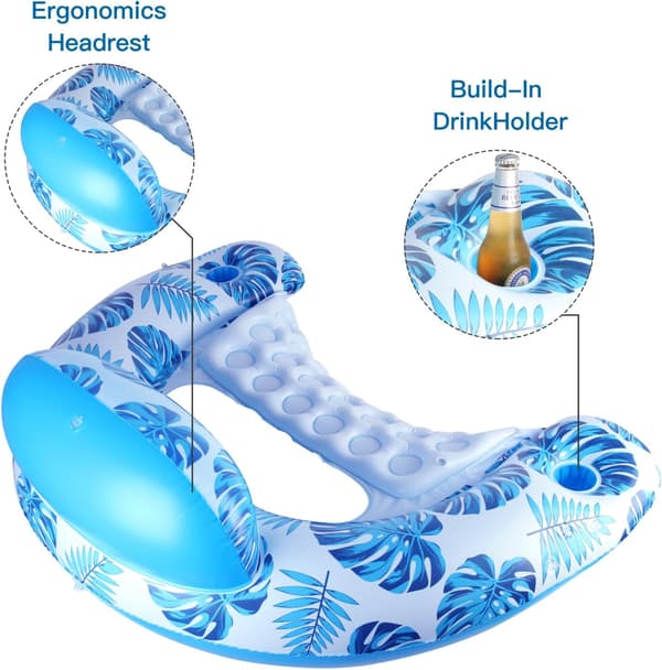Pool Float med Baldakin Kopholder XL Pool Stol Lounge Float med Justerbar Solskærm Drikkeholder Ergonomisk Nakkestøtte Oppustelig Pool Float