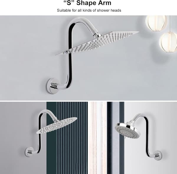 S-formet Stigerør for Dusjhode, Dusjforlengerarm med Flens, Standard 1/2\" Tilkobling - Baderomstilbehør (10 Tommer, Krom)