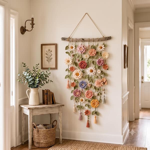 Virkat blomsterupphäng, Boho blommig inredning för barnkammare med 3D virkade blommor på rustikt trä för sovrum och hem