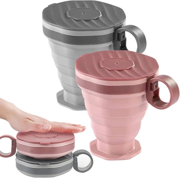 Pakke med 2 foldbare silikonekopper, foldbare rejsekopper med plastiklåg, genanvendeligt bærbart kopsæt egnet til camping og vandreture (pink)