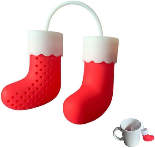 Silikon Te-infuser, Röd Julstrumpa Design, Lösbladste Sil, Tekula med Hängkrok, Jul Köksaccessoar - Hälsosam