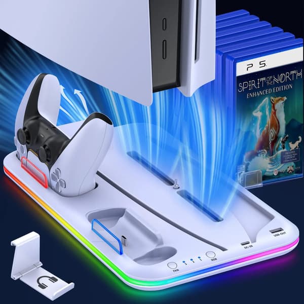 PS5-stander med kølestation og controller-ladestation PS5-tilbehør - Køleventilator RGB LED-hovedtelefonholder 6 PS5-spillepladser White