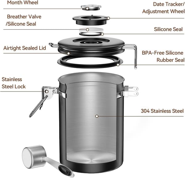 Kaffedåse i rustfrit stål kaffebønneopbevaringsbeholder med datatracker og ske køkkenmadbeholder (1800ML | Sort)