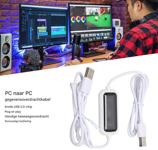 USB-dataoverføringskabel - Plug-and-Play PC-overføringskabel - Rask overføring mellom Windows-PC-er - 1 enhet - Svart (hjemmebruk)