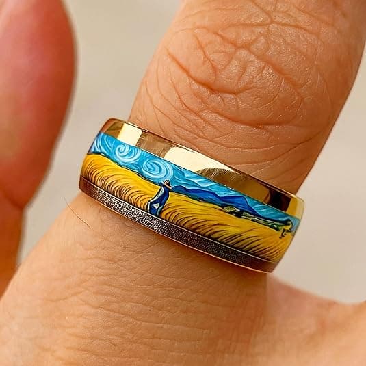 Herre rustfrit stålring Van Gogh Stjernenat & Hvedemark Kunstdesign Guld Mode Statement Ring Holdbart Smykkegave til Mænd
