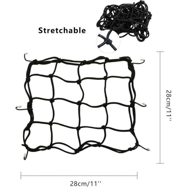 2-delt elastisk edderkop-lastnet med 6 kroge til motorcykler, scootere, cykler og MTB'er – strækbart 28 x 28 cm – sort