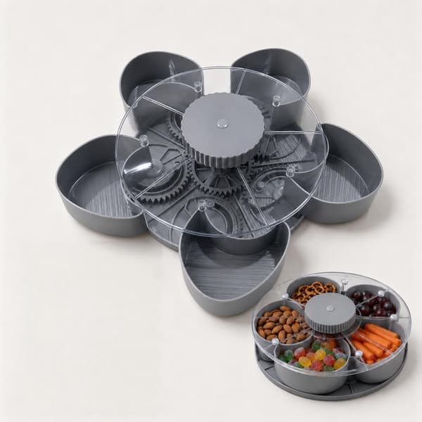 Delad serveringsbricka som snurrar, roterande Lazy Susan-organisatör, grå blomdesign