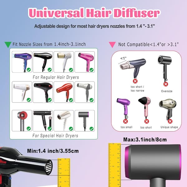 Universal hårdiffuser-tilbehør til 1,4\"-3,1\" føntørrere Krølledefinerende diffuser til krøllet, bølget, tykt hår Anti-frizz (sort)