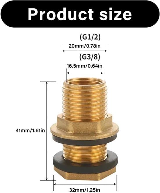 Tankforbindelse – Messingfittings – G3/8\" x G1/2\" Gevind – Pakning – Afløbsforbindelse – Egnet til Tank- og Spandsystemer – Gul