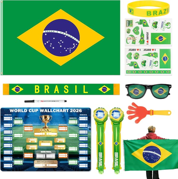 VM 2026 Fodbold Fan Support Kit 11 dele VM Merchandise til Fans Tilbehør Flag Tørklæde Briller Jubelstave Klapper & Kampprogram Plakat (Braz