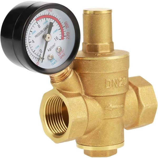 Trykreduktionsventil DN20 messing justerbar vandtryksregulator med vandmåler.